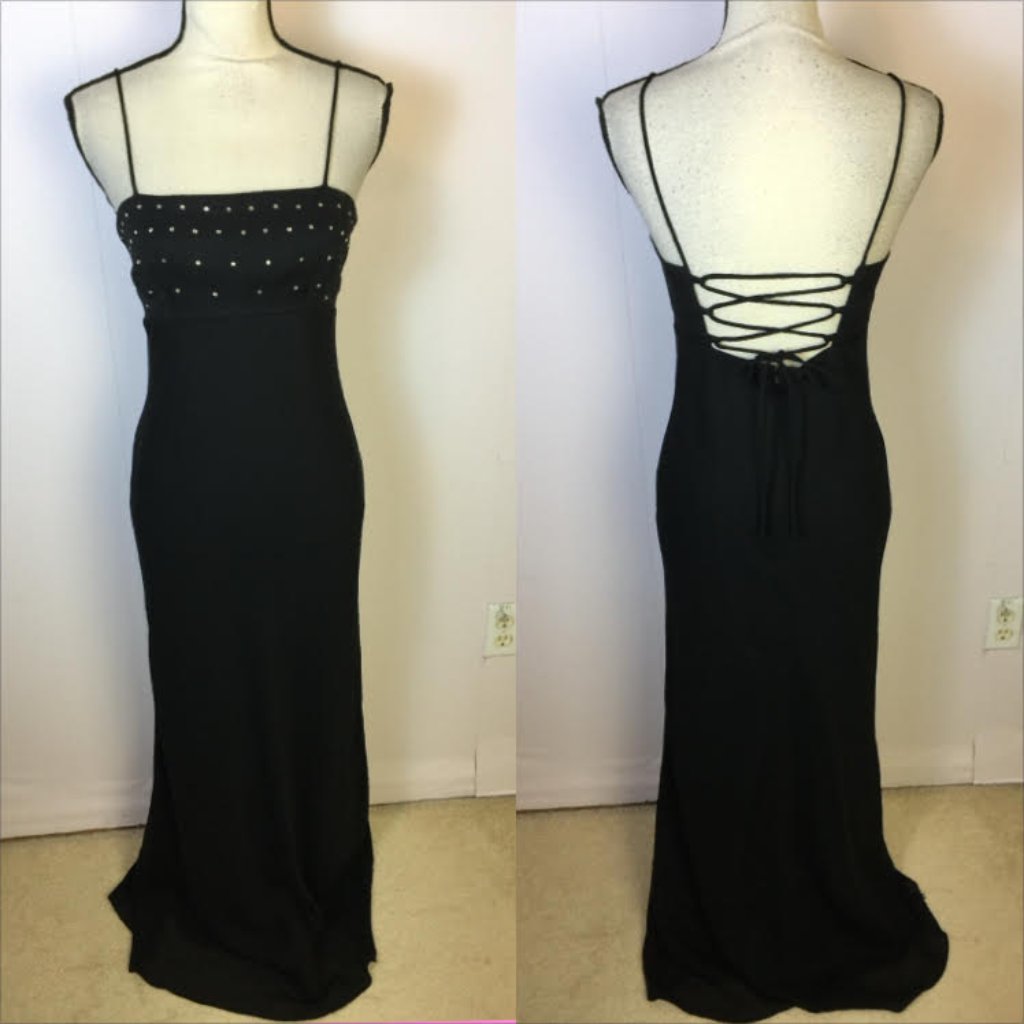 Zum Zum By Niki Livas Long Gown Maxi Dress 5/6 Womans Black Lace Back Rhinestone